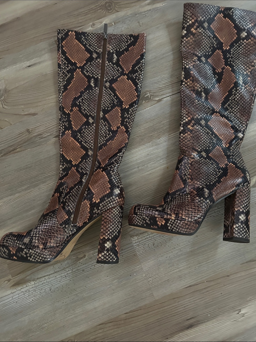 Vince Camuto Brown Snake-Print Knee Boots